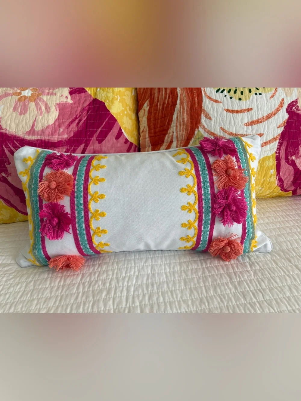 Floral Quilted 4 piece Bedspread set in White with Pink, Yellow & Green